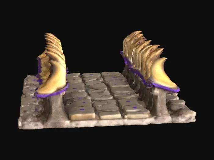 3D model for ancient bridge made of animal bone and weathered bioluminescent rope. The bone steps for the bridge are aged and carved with purple glowing hieroglyphics. Ultra Realistic. 