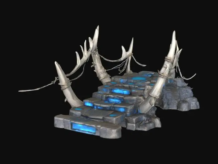 3D model for ancient bridge made of spiked animal bone and weathered bioluminescent rope. The bone steps for the bridge are aged and ethed with blue line carvings. Ultra Realistic. 