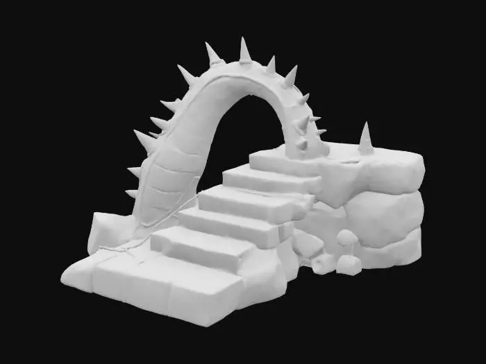 3D model for ancient bridge made of spiked animal bone and weathered bioluminescent rope. The bone steps for the bridge are aged and etched with blue line carvings and small mushrooms growing out. Ultra Realistic. 