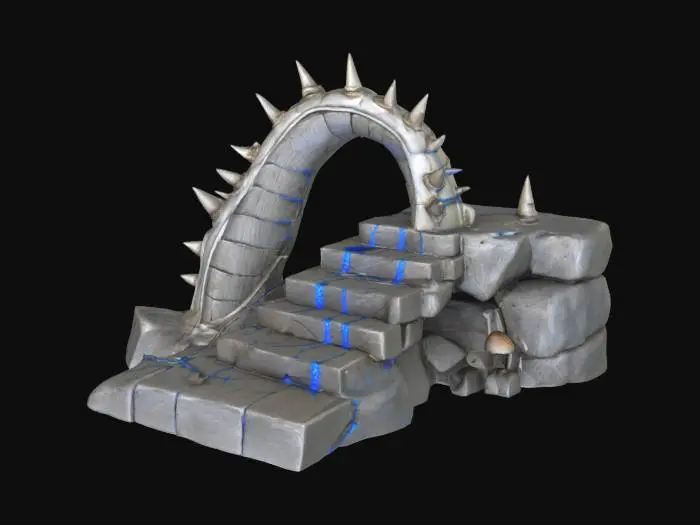 3D model for ancient bridge made of spiked animal bone and weathered bioluminescent rope. The bone steps for the bridge are aged and etched with blue line carvings and small mushrooms growing out. Ultra Realistic. 