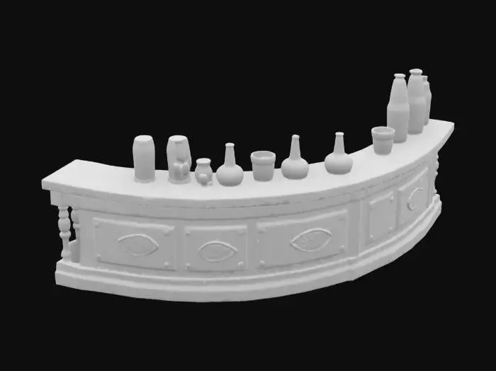 3D model for ancient tavern corner countertop with beer bottle and glass potions. Ultra realistic. High resolution. 