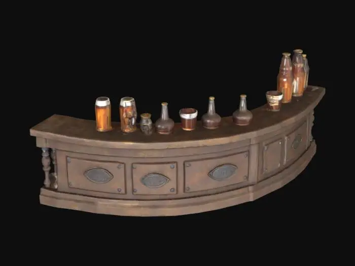 3D model for ancient tavern corner countertop with beer bottle and glass potions. Ultra realistic. High resolution. 