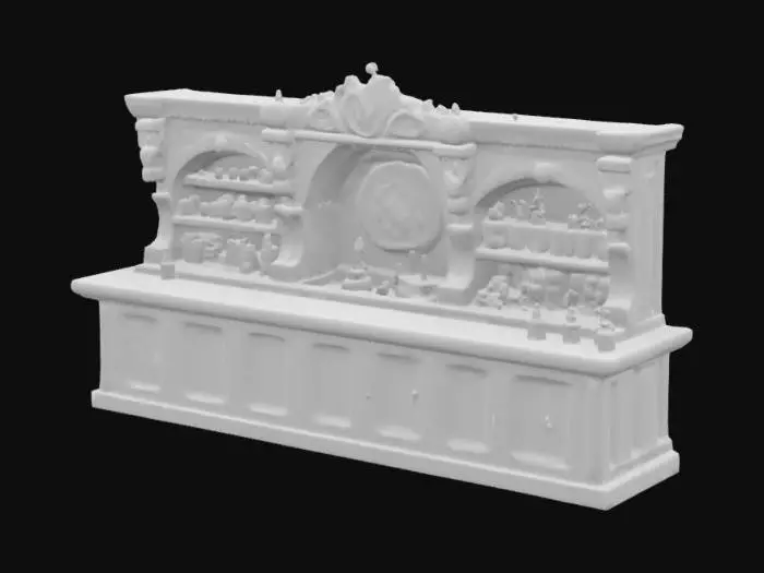 3D model for Bar Counter – Large wooden bar with shelf details. weathers wood and glowing with a blue ancient carving. Potions and beer bottles are on the bar counter. fbx file in game asset. ultra high resolution pbr