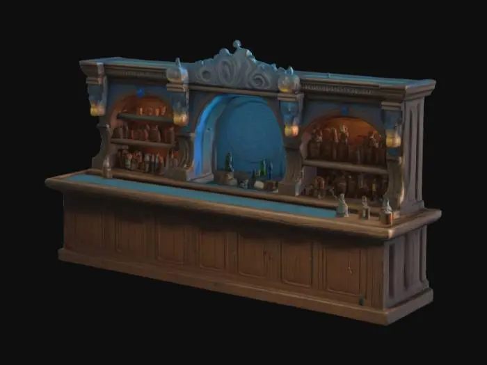 3D model for Bar Counter – Large wooden bar with shelf details. weathers wood and glowing with a blue ancient carving. Potions and beer bottles are on the bar counter. fbx file in game asset. ultra high resolution pbr