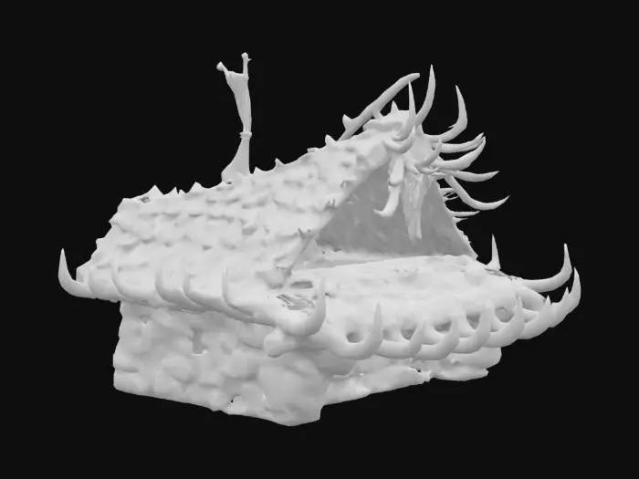 3D model for Slanted rooftop made of aged spiked animal bones. Weathered and ancient flags hang from the rooftop. 