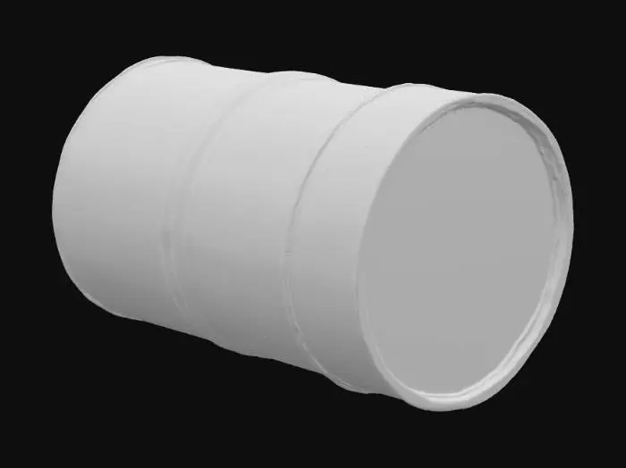 3D model for A rusted, dented metal oil drum lying slightly tilted on its side, surface worn with deep scratches and patches of corrosion. Thick, semi-transparent blue slime oozes slowly from its open lid and cracks, glowing faintly with a bio-luminescent effect. The slime drips and pools on the surrounding ground, spreading unevenly. The drum’s worn hazard symbols are barely visible under grime. Ideal for sci-fi, horror, or post-apocalyptic settings