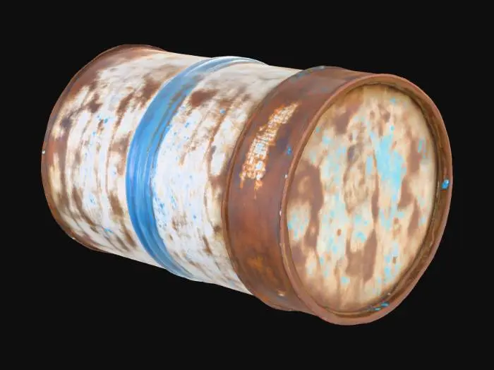 3D model for A rusted, dented metal oil drum lying slightly tilted on its side, surface worn with deep scratches and patches of corrosion. Thick, semi-transparent blue slime oozes slowly from its open lid and cracks, glowing faintly with a bio-luminescent effect. The slime drips and pools on the surrounding ground, spreading unevenly. The drum’s worn hazard symbols are barely visible under grime. Ideal for sci-fi, horror, or post-apocalyptic settings