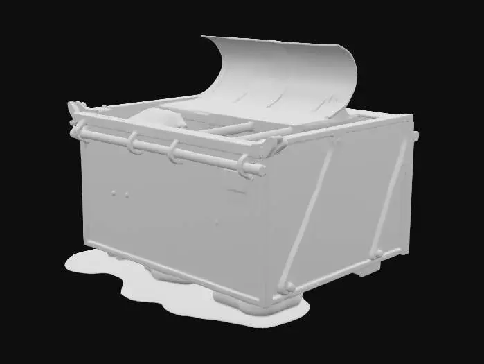 3D model for An old, green, industrial dumpster made of thick, rusted metal with large dents, chipped green paint, and worn caution labels barely visible beneath grime. The lid is partially open and misaligned, with thick, glowing yellow slime seeping out from the seams and overflowing down the sides. The slime is viscous and semi-transparent, forming glowing puddles below. Cracks along the base leak smaller streams. Perfect for horror, sci-fi, or toxic environment scenes.