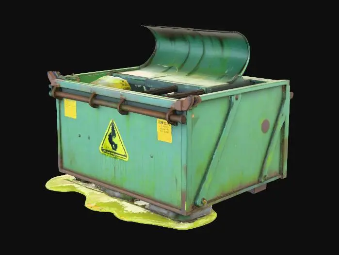3D model for An old, green, industrial dumpster made of thick, rusted metal with large dents, chipped green paint, and worn caution labels barely visible beneath grime. The lid is partially open and misaligned, with thick, glowing yellow slime seeping out from the seams and overflowing down the sides. The slime is viscous and semi-transparent, forming glowing puddles below. Cracks along the base leak smaller streams. Perfect for horror, sci-fi, or toxic environment scenes.