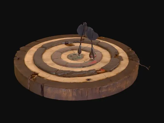 3D model for A weathered dart board made from layered, cracked wood rings, mounted on a rough stone tavern wall. The surface is riddled with ancient iron-tipped darts and deep gouges from centuries of use. Faded paint marks the target zones, barely visible beneath burn marks, knife scratches, and spilled ale stains. Around the edges, old carvings and worn tribal or arcane markings are etched into the frame. A few darts still glow faintly, enchanted or cursed. Ideal for fantasy or ancient pub interiors.