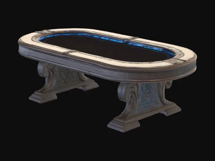 3D model for a nordic poker table with blue-ish glowing markings etched onto the edge of the poker table
, #PBR#