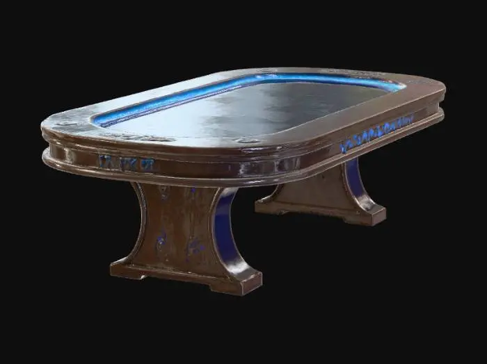 3D model for a nordic poker table with blue-ish glowing markings etched onto the edge of the poker table
, #PBR#