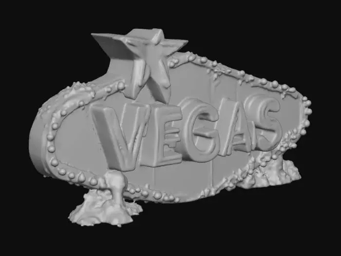 3D model for Create a hyper-realistic Unreal Engine asset of a massive neon sign that simply reads 'VEGAS' in bold retro lettering. The sign should glow with vintage charm — red and gold neon tubes cracked and flickering, mounted on a rusted metal frame weathered by decades of desert heat. Thick, glowing ooze drips from each letter, viscous and semi-translucent, glowing toxic green and violet as it clings to the neon edges. The slime should pulse faintly with light, pooling below the letters and reflecting their glow. Add subtle smoke, particle drips, and wet reflective surfaces to enhance cinematic realism, giving the scene a haunting yet captivating Vegas decay vibe