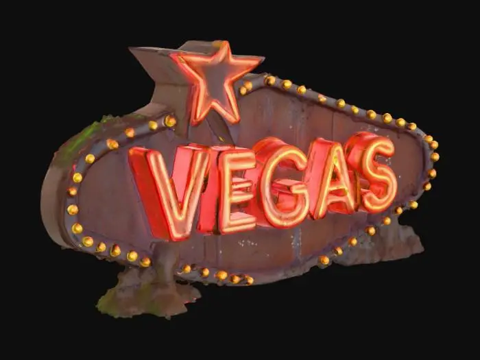 3D model for Create a hyper-realistic Unreal Engine asset of a massive neon sign that simply reads 'VEGAS' in bold retro lettering. The sign should glow with vintage charm — red and gold neon tubes cracked and flickering, mounted on a rusted metal frame weathered by decades of desert heat. Thick, glowing ooze drips from each letter, viscous and semi-translucent, glowing toxic green and violet as it clings to the neon edges. The slime should pulse faintly with light, pooling below the letters and reflecting their glow. Add subtle smoke, particle drips, and wet reflective surfaces to enhance cinematic realism, giving the scene a haunting yet captivating Vegas decay vibe