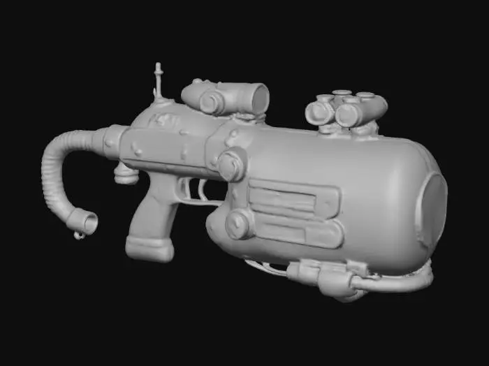 3D model for a futuristic flamethrower with a compact gas tank attached. The body is industrial, sculpted metal with heat-blued discoloration, scorched edges, and worn paint. Include braided fuel hoses, reinforced mounting clamps, pressure gauges, safety valves, and a multi-nozzle emitter with heat shielding. The tank is covered and finely etched with faint glowing blue Nordic runes and geometric sigils—subtle emissive inlays that pulse when active. Provide 8K PBR maps (albedo, normal, roughness, metallic, displacement), emissive mask for runes, modular mounting points, particle emitter sockets, and LODs for both close cinematic shots and real-time gameplay