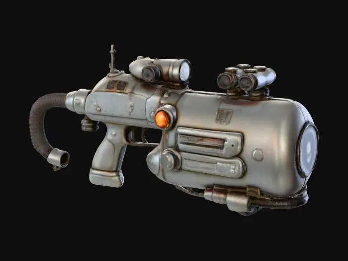 3D model for a futuristic flamethrower with a compact gas tank attached. The body is industrial, sculpted metal with heat-blued discoloration, scorched edges, and worn paint. Include braided fuel hoses, reinforced mounting clamps, pressure gauges, safety valves, and a multi-nozzle emitter with heat shielding. The tank is covered and finely etched with faint glowing blue Nordic runes and geometric sigils—subtle emissive inlays that pulse when active. Provide 8K PBR maps (albedo, normal, roughness, metallic, displacement), emissive mask for runes, modular mounting points, particle emitter sockets, and LODs for both close cinematic shots and real-time gameplay