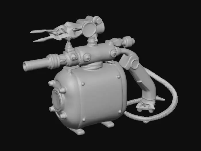3D model for a futuristic flamethrower with a compact gas tank attached. The body is industrial, sculpted metal with heat-blued discoloration, scorched edges, and worn paint. Include braided fuel hoses, reinforced mounting clamps, pressure gauges, safety valves, and a multi-nozzle emitter with heat shielding. The tank is covered and finely etched with faint glowing blue Nordic runes and geometric sigils—subtle emissive inlays that pulse when active. Provide 8K PBR maps (albedo, normal, roughness, metallic, displacement), emissive mask for runes, modular mounting points, particle emitter sockets, and LODs for both close cinematic shots and real-time gameplay