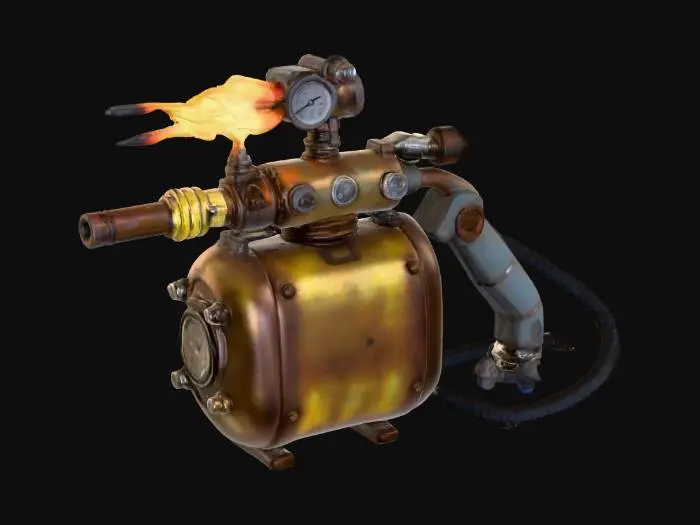 3D model for a futuristic flamethrower with a compact gas tank attached. The body is industrial, sculpted metal with heat-blued discoloration, scorched edges, and worn paint. Include braided fuel hoses, reinforced mounting clamps, pressure gauges, safety valves, and a multi-nozzle emitter with heat shielding. The tank is covered and finely etched with faint glowing blue Nordic runes and geometric sigils—subtle emissive inlays that pulse when active. Provide 8K PBR maps (albedo, normal, roughness, metallic, displacement), emissive mask for runes, modular mounting points, particle emitter sockets, and LODs for both close cinematic shots and real-time gameplay