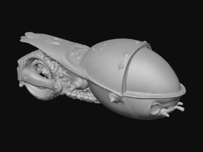 3D model for a one-person flying scooter that feels alien in origin. Its frame is asymmetrical and organic, forged from dark alloy plates fused with biomechanical textures and exposed conduits. The surface shows wear—scratches, impact dents, and heat scoring—yet faint blue and red energy pulses flow through embedded veins of light. Thrusters emit soft plasma glow with distortion ripples, keeping the craft afloat a few centimeters above ground. Cockpit canopy is translucent black glass with cryptic symbols etched around its rim. Use detailed PBR maps (metal, emissive, roughness, normal) for cinematic realism and atmospheric glow in low light.