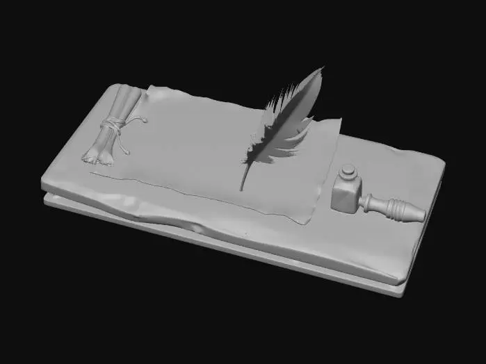 3D model for an ancient table made of wood with a hand written aged piece of paper on the table. Aside it lays a len with a feather and small bottle of ink.