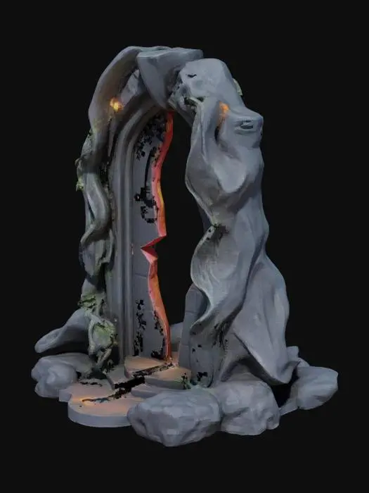 3D model for "A mystical gateway made of twisting, bioluminescent vines and dark stone, half-broken and leaking prismatic energy into the sky. The fractured portal flickers between realities, revealing glimpses of unknown worlds beyond. The environment is cinematic, mist-filled, with dynamic god rays. 8K ultra-resolution, game-ready.
