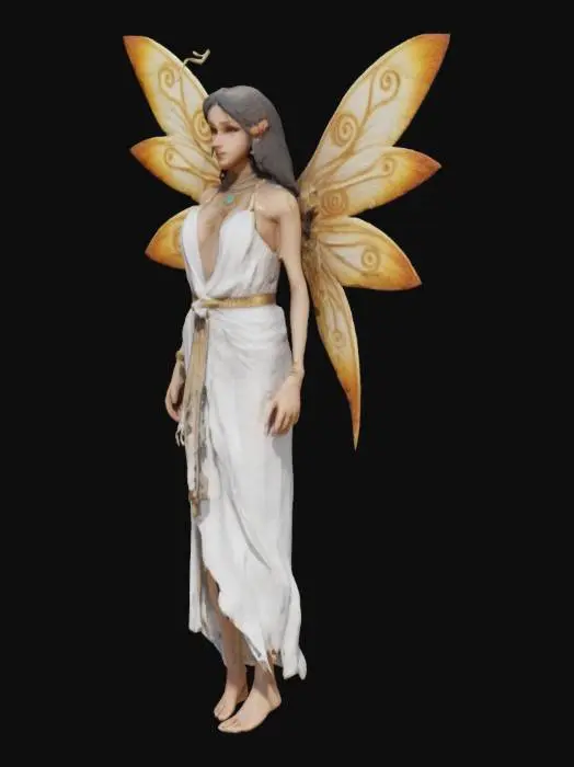 3D model for An ancient fairy wearng white clothing with hieroglyphic wings. Ultra high resolution. 