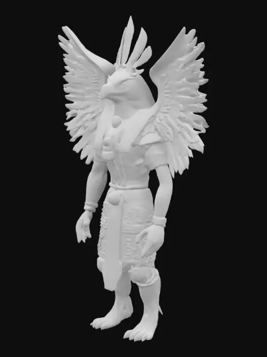 3D model for High-res Horus deity with falcon head, gold and lapis lazuli armor, wings partially spread, photorealistic Unreal Engine style, 8K ultra detail, dramatic lighting
