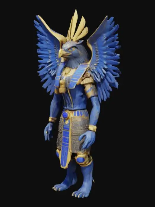 3D model for High-res Horus deity with falcon head, gold and lapis lazuli armor, wings partially spread, photorealistic Unreal Engine style, 8K ultra detail, dramatic lighting
