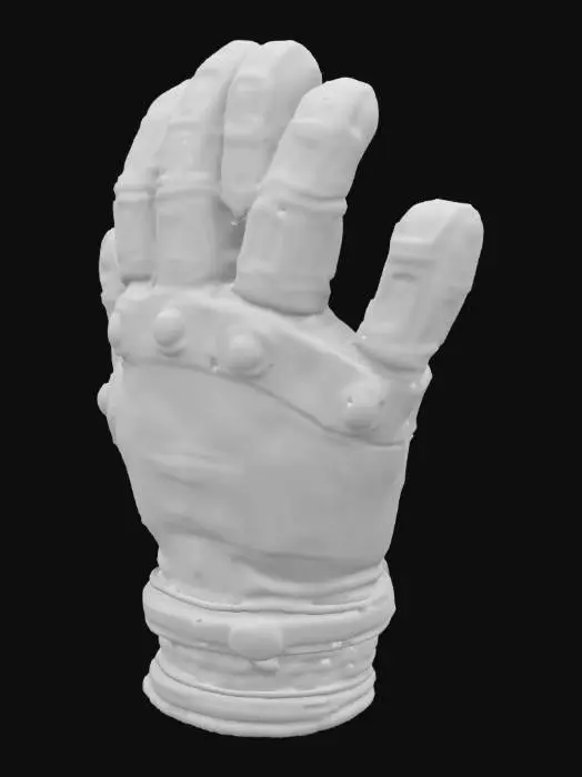 3D model for an ancient engineering glove made of ancient metal alloy and weather ancient cloth with glowing hieroglyphic markings