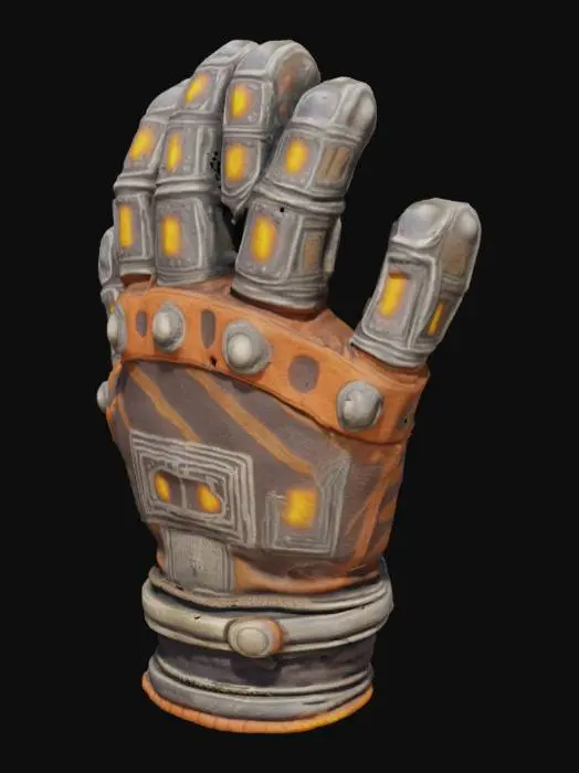 3D model for an ancient engineering glove made of ancient metal alloy and weather ancient cloth with glowing hieroglyphic markings
