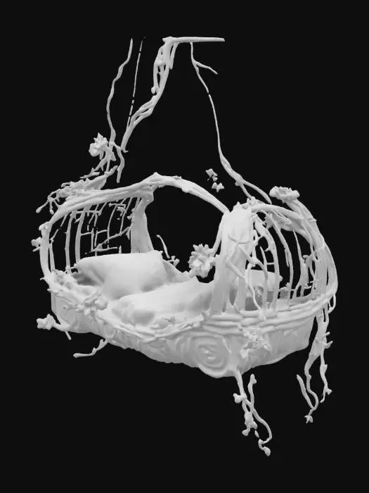 3D model for a suspended fairy bed made out of vines and flowers, glowing with hieroglyphic markings. , #garden#