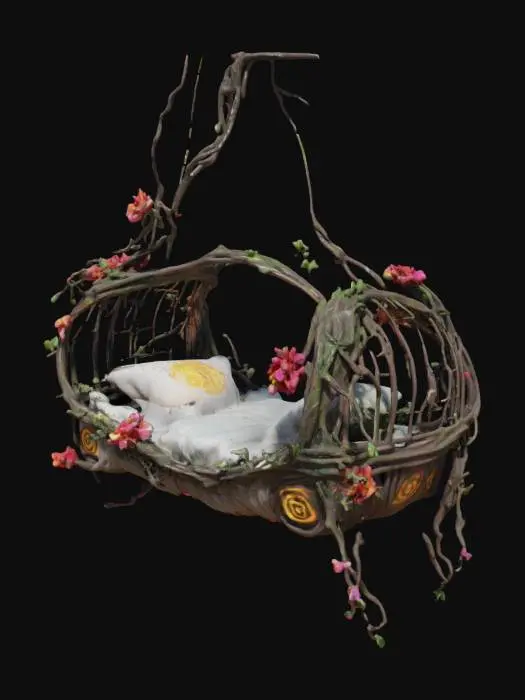 3D model for a suspended fairy bed made out of vines and flowers, glowing with hieroglyphic markings. , #garden#