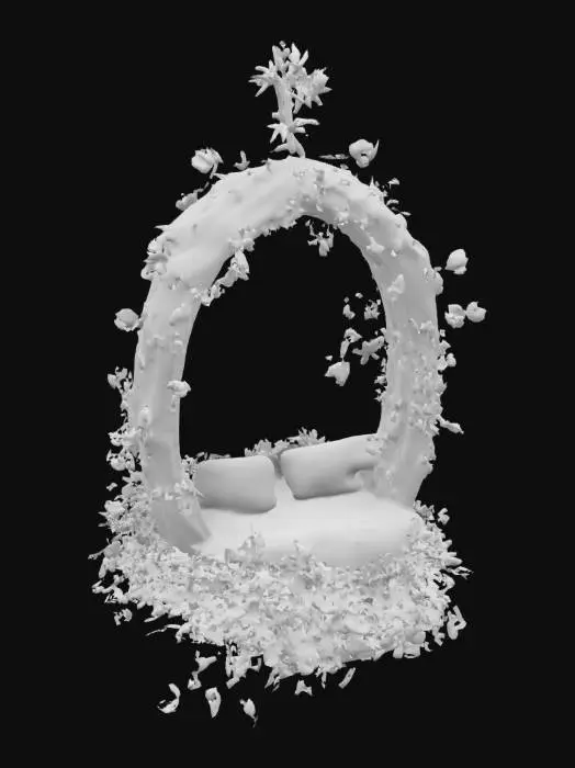 3D model for a suspended fairy bed made out of vines and flowers, glowing with hieroglyphic markings. , #garden#