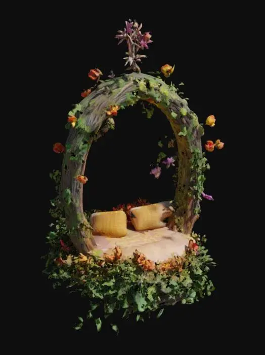 3D model for a suspended fairy bed made out of vines and flowers, glowing with hieroglyphic markings. , #garden#