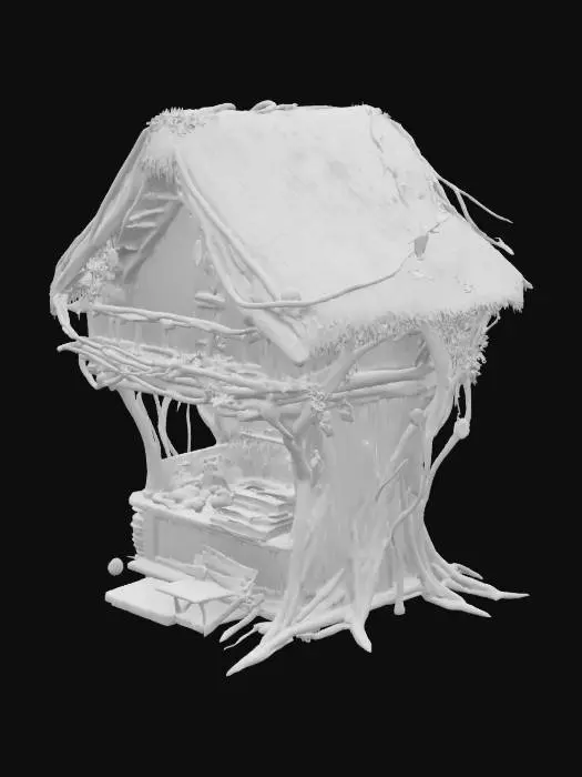 3D model for a swampy bog tree house vendor hut. Covered in rotted vines. Warm small lights cover the treehouse. Ultra realistic. Heavy detailed.