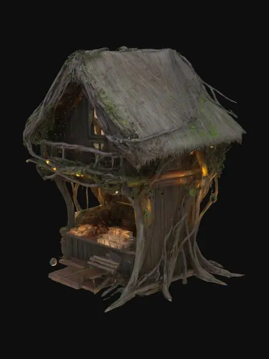 3D model for a swampy bog tree house vendor hut. Covered in rotted vines. Warm small lights cover the treehouse. Ultra realistic. Heavy detailed.