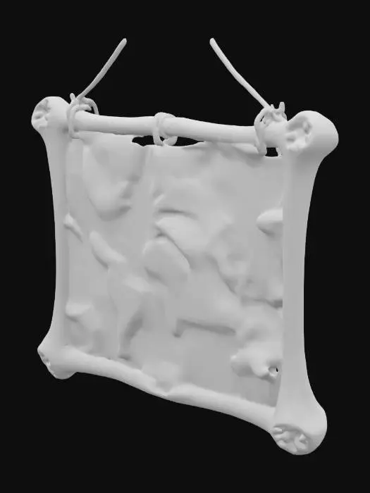 3D model for Craft a hyper-realistic 3D model of an ancient map suspended within a bone frame. The map is old and worn, with faded, hand-drawn coastlines, mountains, and rivers, its edges frayed and torn. The frame is made from weathered bones, intricately carved with symbols of an ancient culture. Four ropes, thick and frayed with age, suspend the map from each corner, showing the wear of centuries. Soft, diffused light highlights the map’s delicate surface and the textured bones, casting intricate shadows. The atmosphere is mysterious and ancient, as if the map has been lost in time, waiting to reveal its secrets.
