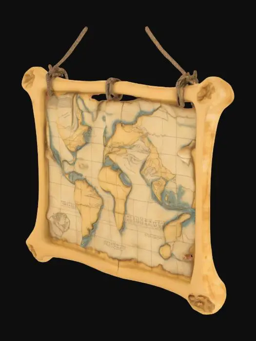3D model for Craft a hyper-realistic 3D model of an ancient map suspended within a bone frame. The map is old and worn, with faded, hand-drawn coastlines, mountains, and rivers, its edges frayed and torn. The frame is made from weathered bones, intricately carved with symbols of an ancient culture. Four ropes, thick and frayed with age, suspend the map from each corner, showing the wear of centuries. Soft, diffused light highlights the map’s delicate surface and the textured bones, casting intricate shadows. The atmosphere is mysterious and ancient, as if the map has been lost in time, waiting to reveal its secrets.