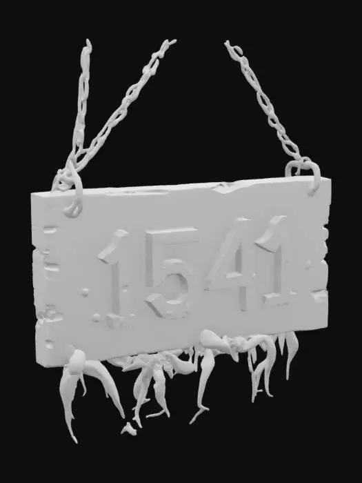 3D model for a suspended wooden sign that is rotting with maggots and fuming with radioactive mist. The sign reads "1541"
