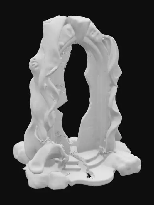 3D model for "A mystical gateway made of twisting, bioluminescent vines and dark stone, half-broken and leaking prismatic energy into the sky. The fractured portal flickers between realities, revealing glimpses of unknown worlds beyond. The environment is cinematic, mist-filled, with dynamic god rays. 8K ultra-resolution, game-ready.
