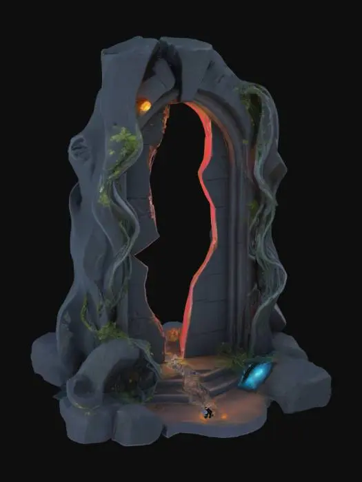3D model for "A mystical gateway made of twisting, bioluminescent vines and dark stone, half-broken and leaking prismatic energy into the sky. The fractured portal flickers between realities, revealing glimpses of unknown worlds beyond. The environment is cinematic, mist-filled, with dynamic god rays. 8K ultra-resolution, game-ready.
