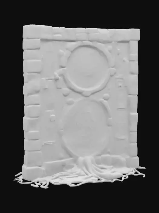 3D model for Highly detailed ancient modular wall crafted from weathered stone with deeply carved, intricate temple-like designs. Covered in green hieroglyphics and blue celestial symbols, the wall displays millennia of wear and mystery, with sections cracked and chipped, revealing forgotten, glowing runes, lightly covered in growing tree roots. The carvings include ornate, organic patterns intertwined with mystic shapes, and some panels feature ancient relics embedded within the stone. The surface has a worn, crumbling texture, emanating a mystical energy, as if untouched by time yet holding untold power