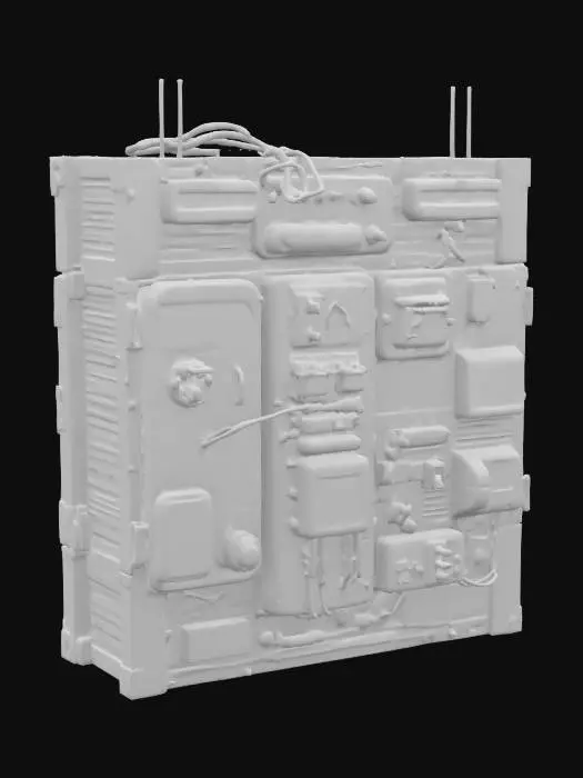 3D model for Ultra-high resolution ancient moon base modular wall featuring sleek metal panels with advanced tech interfaces. Includes glowing control lights, hanging wires, and reinforced sections. The wall has detailed textures with worn edges, digital readouts, and sci-fi accents for an immersive, high-tech lunar environment