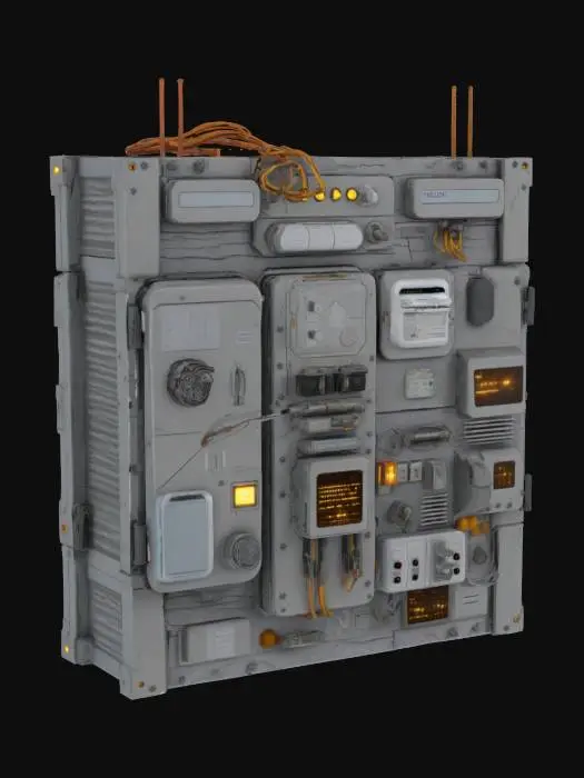 3D model for Ultra-high resolution ancient moon base modular wall featuring sleek metal panels with advanced tech interfaces. Includes glowing control lights, hanging wires, and reinforced sections. The wall has detailed textures with worn edges, digital readouts, and sci-fi accents for an immersive, high-tech lunar environment