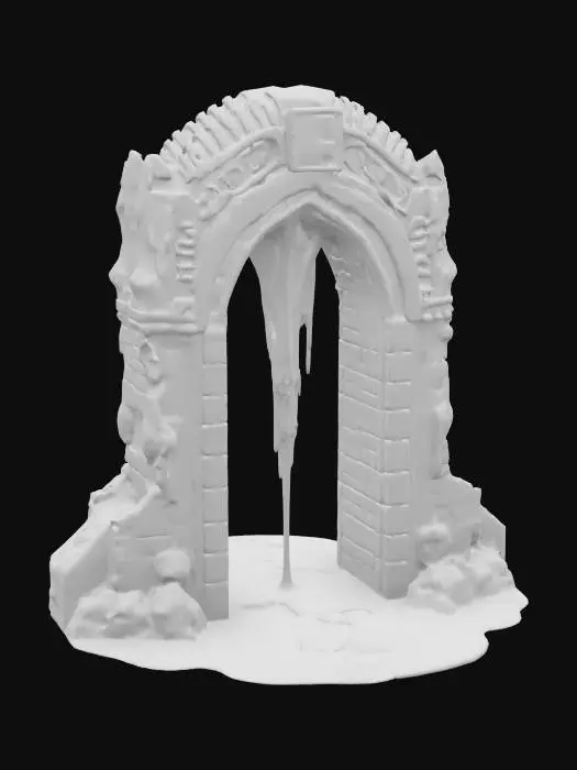 3D model for surreal ancient archway made of dark stone, intricately carved with blue ancient carvings. The stone should appear aged and eroded, with cracks running through the surface. The archway is dripping with a glowing, surreal green ooze, which trickles down the stone, pooling at the base. The ooze should have a liquid, otherworldly texture, emitting a faint bioluminescent glow. Soft ambient light should illuminate the archway, casting eerie reflections on the glowing ooze and emphasizing the detailed carvings and cracked stone.