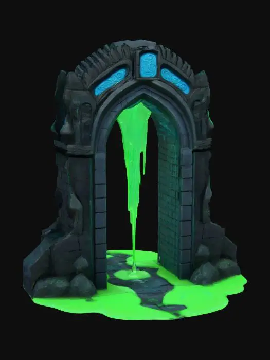 3D model for surreal ancient archway made of dark stone, intricately carved with blue ancient carvings. The stone should appear aged and eroded, with cracks running through the surface. The archway is dripping with a glowing, surreal green ooze, which trickles down the stone, pooling at the base. The ooze should have a liquid, otherworldly texture, emitting a faint bioluminescent glow. Soft ambient light should illuminate the archway, casting eerie reflections on the glowing ooze and emphasizing the detailed carvings and cracked stone.