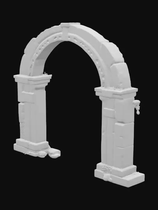 3D model for surreal ancient archway made of dark stone, intricately carved with blue ancient carvings. The stone should appear aged and eroded, with cracks running through the surface. The archway is dripping with a glowing, surreal green ooze, which trickles down the stone, pooling at the base. The ooze should have a liquid, otherworldly texture, emitting a faint bioluminescent glow. Soft ambient light should illuminate the archway, casting eerie reflections on the glowing ooze and emphasizing the detailed carvings and cracked stone. , #arch#,  