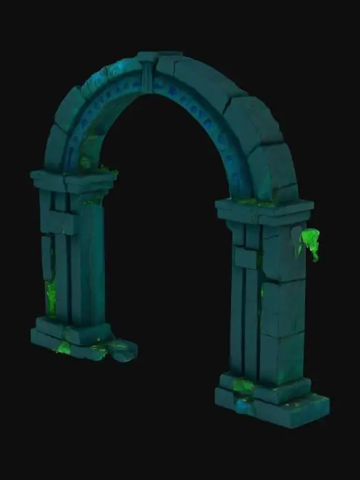 3D model for surreal ancient archway made of dark stone, intricately carved with blue ancient carvings. The stone should appear aged and eroded, with cracks running through the surface. The archway is dripping with a glowing, surreal green ooze, which trickles down the stone, pooling at the base. The ooze should have a liquid, otherworldly texture, emitting a faint bioluminescent glow. Soft ambient light should illuminate the archway, casting eerie reflections on the glowing ooze and emphasizing the detailed carvings and cracked stone. , #arch#,  