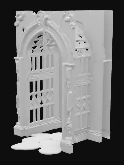 3D model for ancient archway with a otherwordly portal. The archway is made of dark stone, intricately carved with blue ancient carvings. The stone should appear aged and eroded, with cracks running through the surface. The archway is dripping with a glowing, pink ooze, which trickles down the stone. The ooze should have a liquid, otherworldly texture, emitting a faint bioluminescent glow. Soft ambient light should illuminate the archway, casting eerie reflections on the glowing ooze and emphasizing the detailed carvings and cracked stone. #arch#,