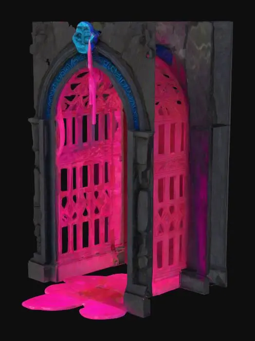 3D model for ancient archway with a otherwordly portal. The archway is made of dark stone, intricately carved with blue ancient carvings. The stone should appear aged and eroded, with cracks running through the surface. The archway is dripping with a glowing, pink ooze, which trickles down the stone. The ooze should have a liquid, otherworldly texture, emitting a faint bioluminescent glow. Soft ambient light should illuminate the archway, casting eerie reflections on the glowing ooze and emphasizing the detailed carvings and cracked stone. #arch#,